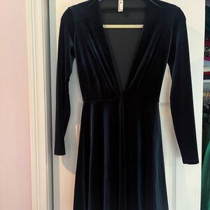 American Apparel Black Velvet Long Sleeve Deep V Dress